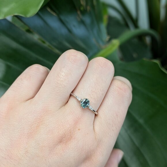 Teal Sapphire Ring in 14K Solid Gold with Natural Diamond Accents - Picture 3 of 8